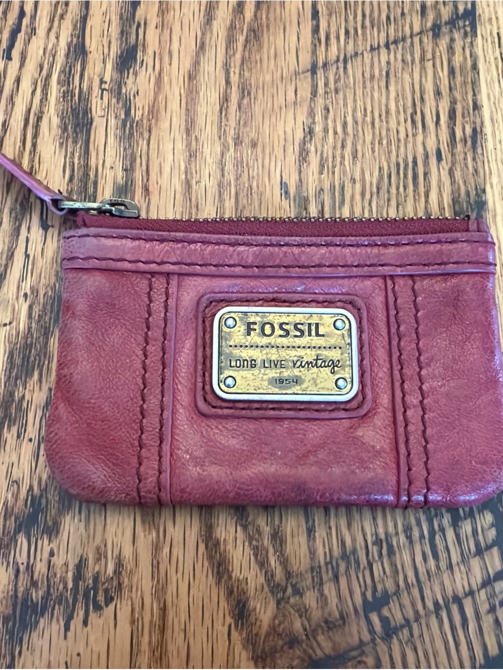 Vintage 1954 Fossil Wallet Long Live Vintage Red Leather Zip Closure